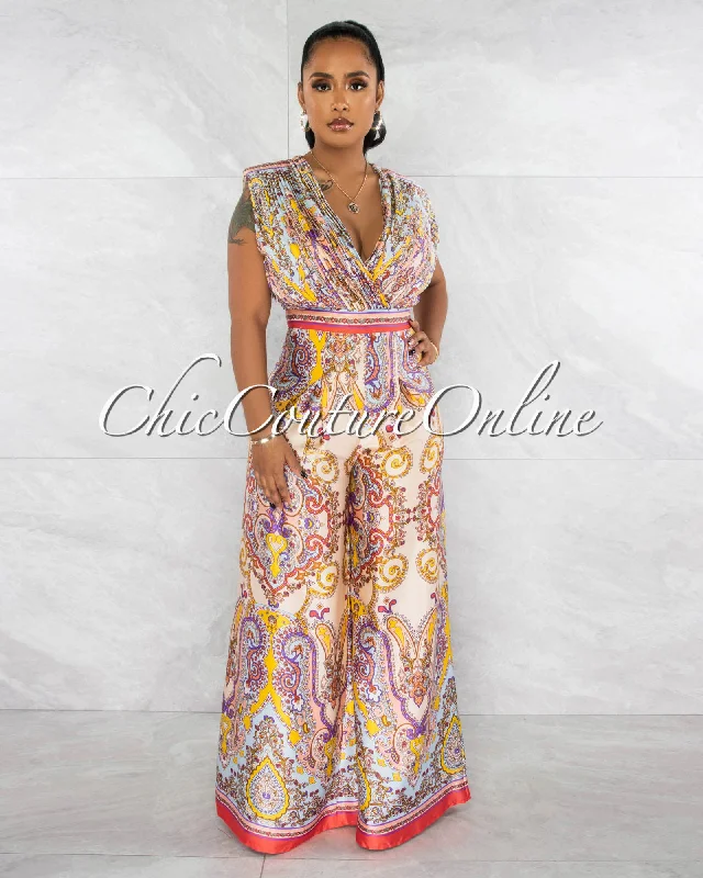 Regia Nude Multi-Color Print Pleated Silky Jumpsuit