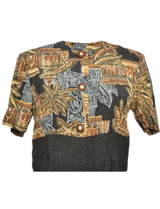 Palm Print Brown & Green Cropped Jacket - M