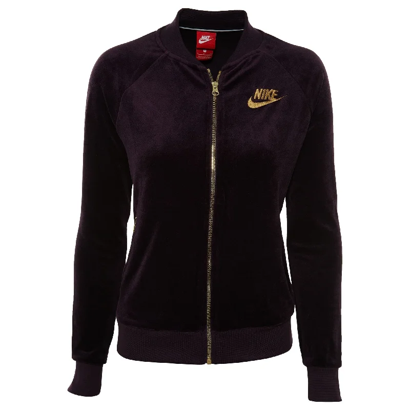 Nike Women's Velour Zip Jacket Port Wine/Metallic Gold Sweatshirt Size Medium