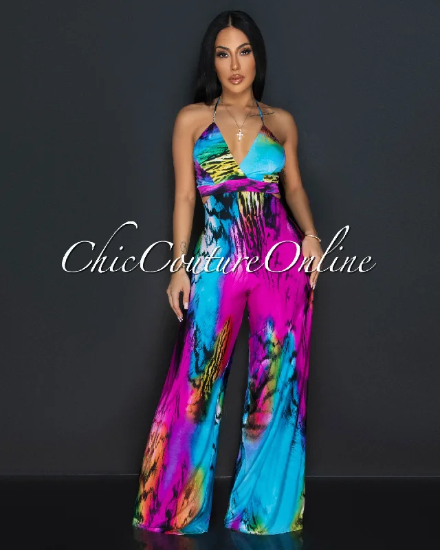 Hadya Fuchsia Turquoise Print Halter Cut-Out Jumpsuit