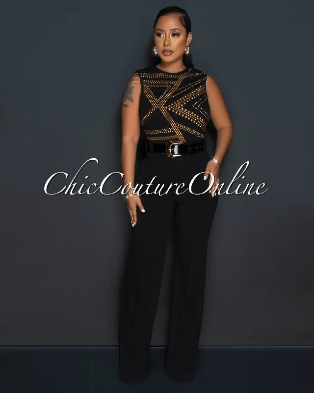 Marlisa Black Gold Studs Gold Buckle Belt Jumpsuit