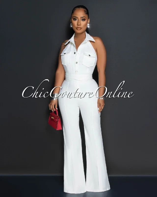 Licia Off-White Collared Halter Denim Jumpsuit