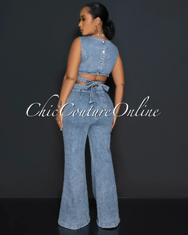 Houston Acid Wash Denim Back Key-Hole Tie Jumpsuit