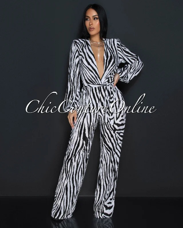 Jalia Black White Zebra Print Deep V-Neck Jumpsuit