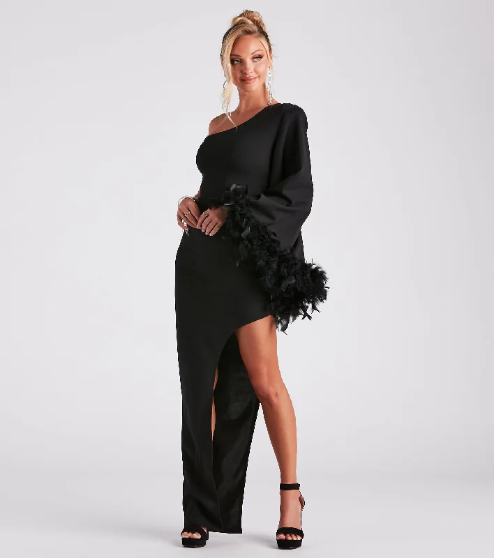 Vivian One-Shoulder Feather Trim Formal Dress