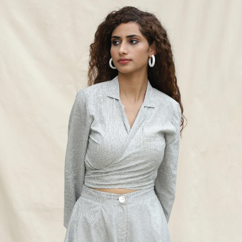 Off-White Checks Handspun Cotton Muslin Wrap Crop Top Bold Women's Animal Print
