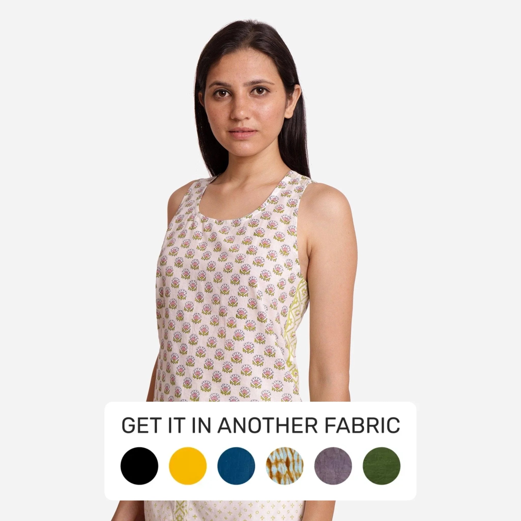 White Cotton Block Print Scoop Neck Tank Top European
