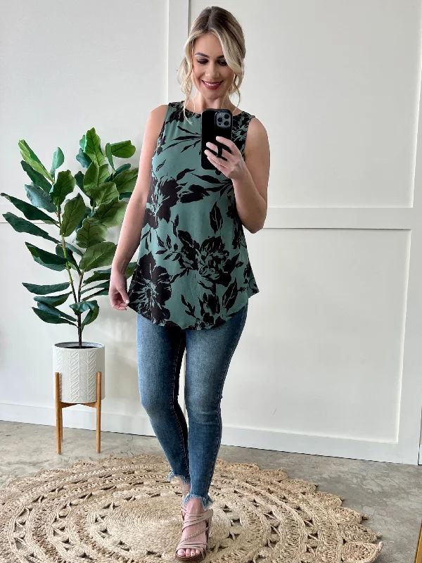 Sleeveless Floral Tunic In Eucalyptus Hip Women's Retro