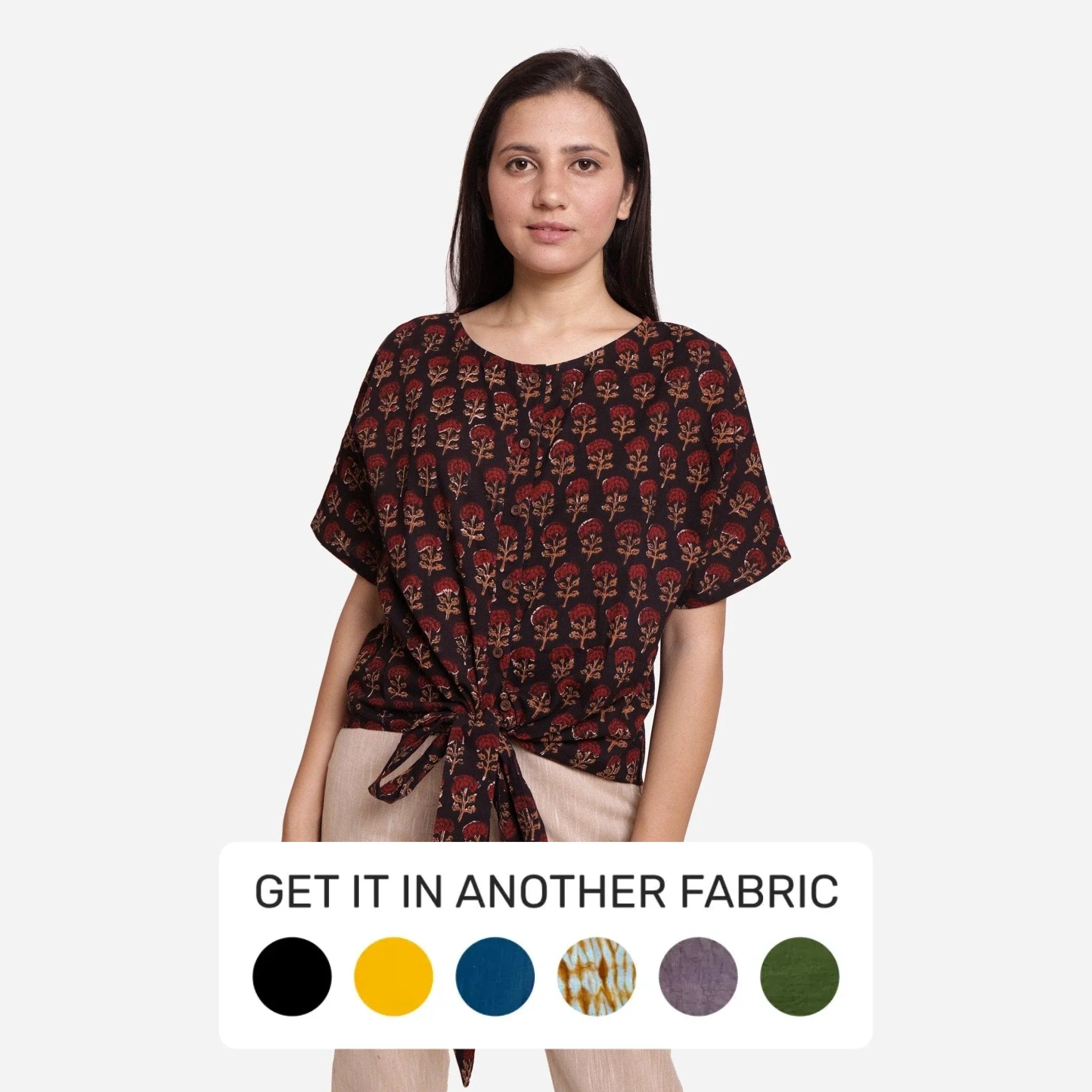Black Bagru Block Print Tie-up Cotton Blouse Elegant Women's 
