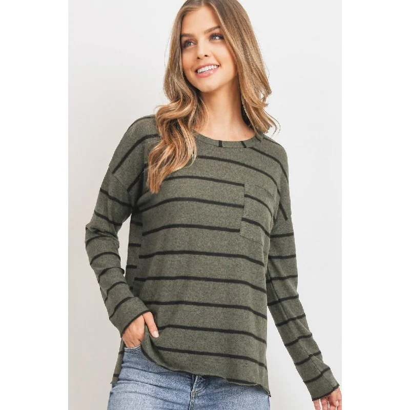 Striped Front Pocket Round Collar Sleek Women's Metallic